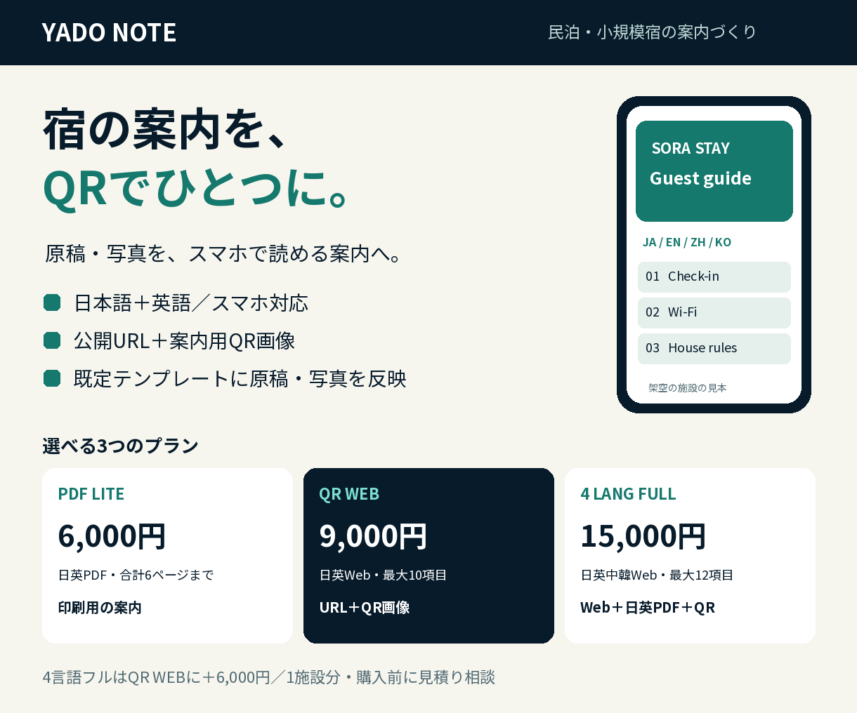 YADO NOTEのサービス紹介。PDF LITE 6,000円、QR WEB 9,000円、4 LANG FULL 15,000円。